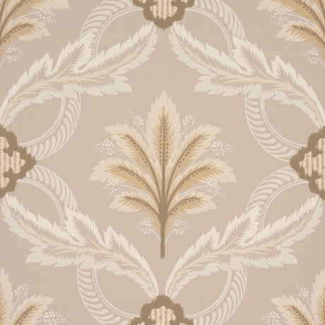 Front Waltz wallpaper in taupe with stylized trelliswork of leaves and palm plumes, Schumacher Wallflowers II collection.