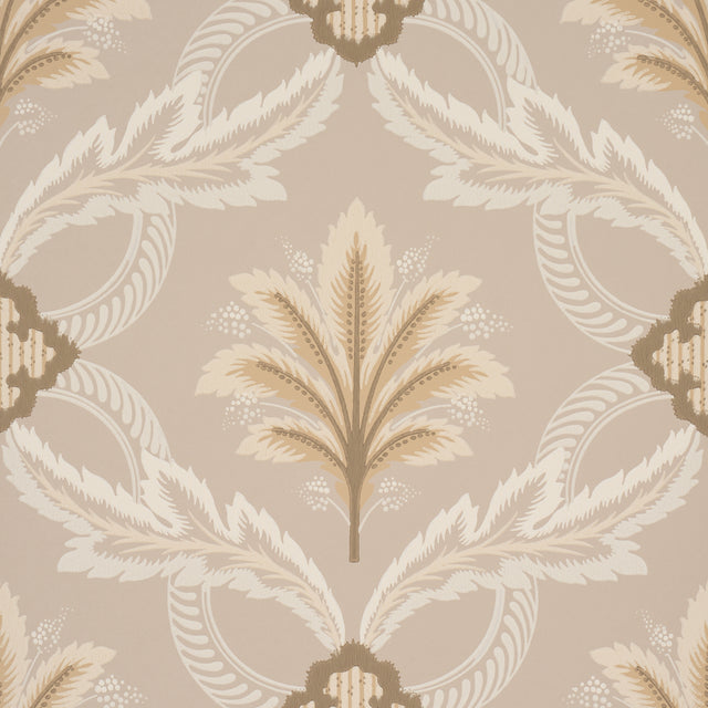Front Waltz wallpaper in taupe with stylized trelliswork of leaves and palm plumes, Schumacher Wallflowers II collection.