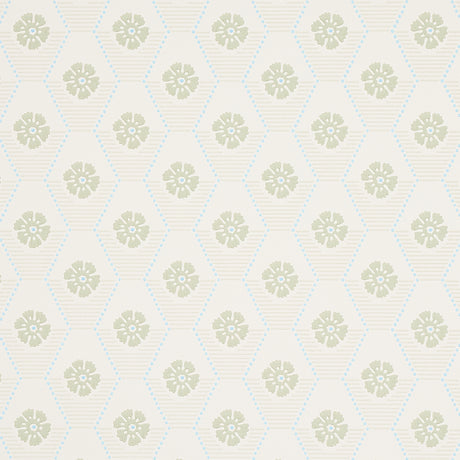 Hive Bloom wallpaper in sage by Schumacher, featuring a geometric floral pattern from the Hobe Erwin collection.