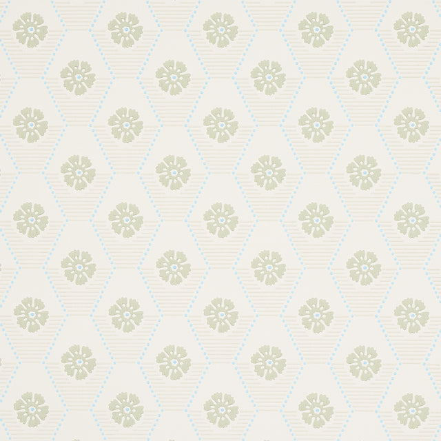 Hive Bloom wallpaper in sage by Schumacher, featuring a geometric floral pattern from the Hobe Erwin collection.