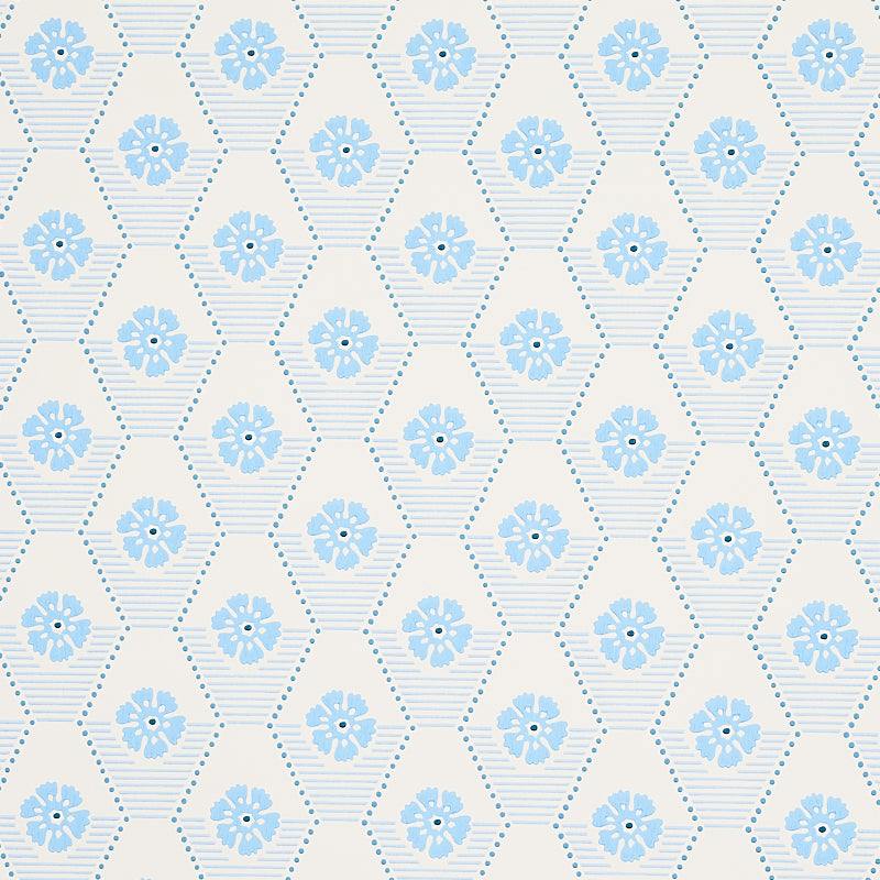 Hive Bloom wallpaper in blues by Schumacher, featuring a geometric floral pattern from the Hobe Erwin collection.