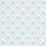 Hive Bloom wallpaper in blues by Schumacher, featuring a geometric floral pattern from the Hobe Erwin collection.
