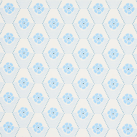 Hive Bloom wallpaper in blues by Schumacher, featuring a geometric floral pattern from the Hobe Erwin collection.