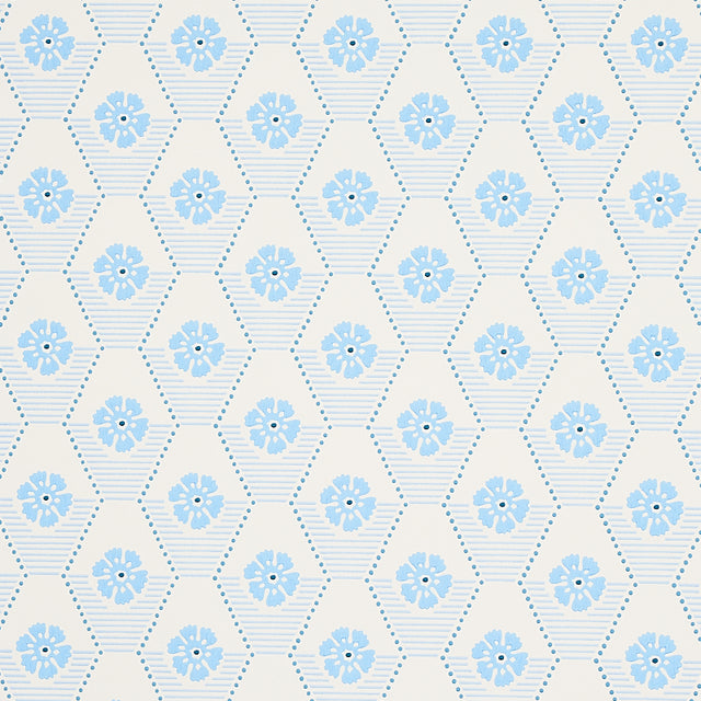 Hive Bloom wallpaper in blues by Schumacher, featuring a geometric floral pattern from the Hobe Erwin collection.