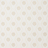 Hive Bloom wallpaper in sand colorway by Schumacher, featuring a geometric floral pattern from the Hobe Erwin collection, shown in a styled bedroom setting.