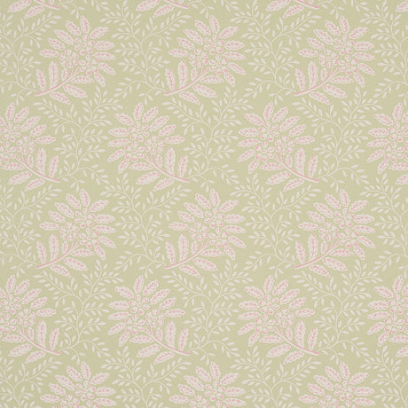 Secret Garden wallpaper in green by Schumacher, featuring leafy floral bouquets and vines in a soft, graphic pattern.