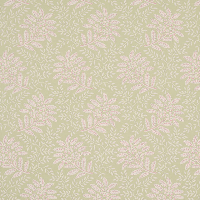 Secret Garden wallpaper in green by Schumacher, featuring leafy floral bouquets and vines in a soft, graphic pattern.