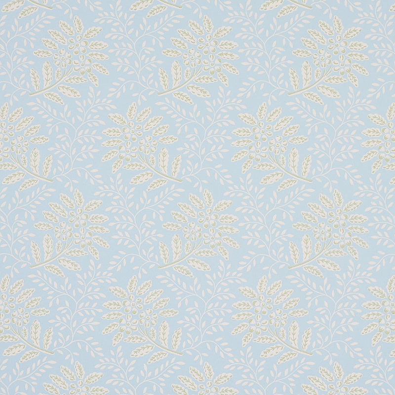 Secret Garden wallpaper in light blue by Schumacher, featuring leafy floral bouquets and vines, designed by Hobe Erwin.
