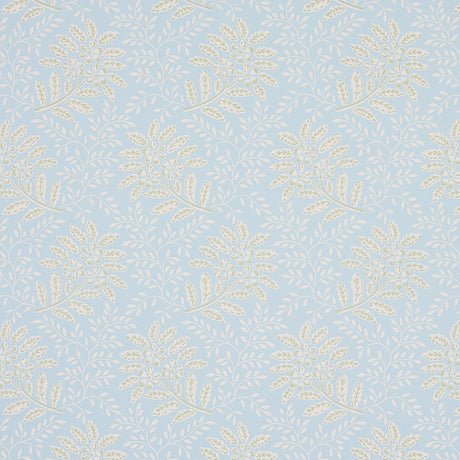 Secret Garden wallpaper in light blue by Schumacher, featuring leafy floral bouquets and vines, designed by Hobe Erwin.
