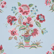 Ashford Rose & Sky wallpaper by Schumacher featuring exuberant floral motifs in pink, red, and blue on a light blue background.