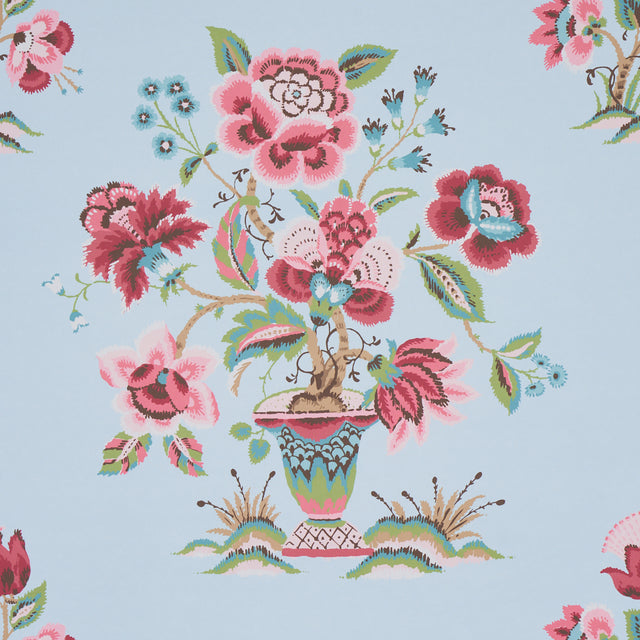 Ashford Rose & Sky wallpaper by Schumacher featuring exuberant floral motifs in pink, red, and blue on a light blue background.
