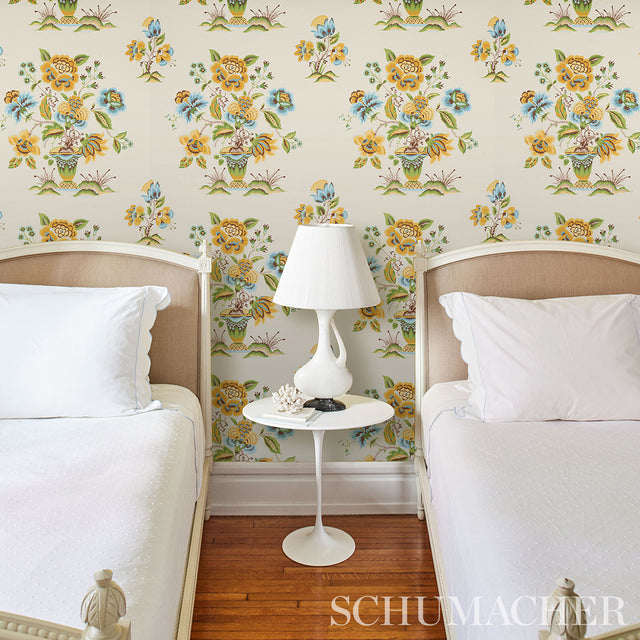 Ashford Ochre & Sky by Schumacher Classic Floral Wallpaper – Schumacher 5013182