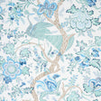 Aveline wallpaper in Seaglass by Schumacher, featuring regal peacocks and flowering vines in blue and green tones.