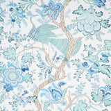 Aveline wallpaper in Seaglass by Schumacher, featuring regal peacocks and flowering vines in blue and green tones.