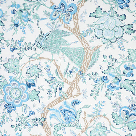 Aveline wallpaper in Seaglass by Schumacher, featuring regal peacocks and flowering vines in blue and green tones.