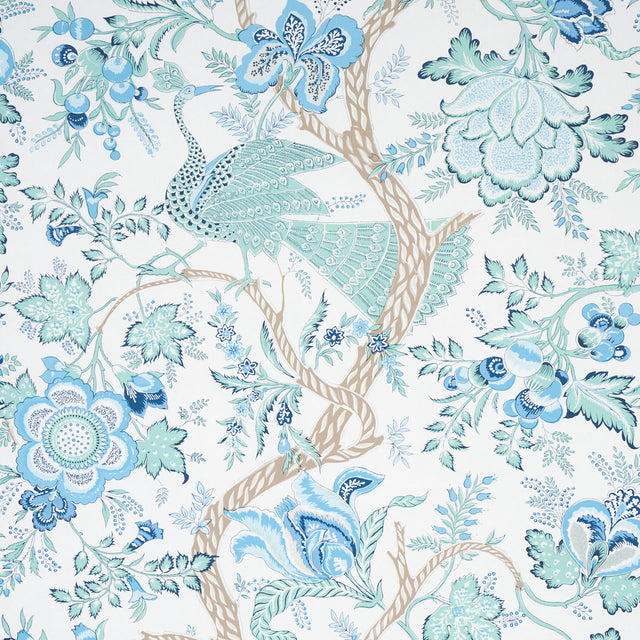 Aveline wallpaper in Seaglass by Schumacher, featuring regal peacocks and flowering vines in blue and green tones.