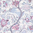 Aveline wallpaper in lilac by Schumacher featuring peacocks and flowering vines in a 19th-century Indian textile-inspired design.