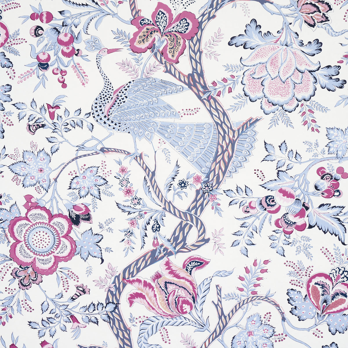 Aveline wallpaper in lilac by Schumacher featuring peacocks and flowering vines in a 19th-century Indian textile-inspired design.