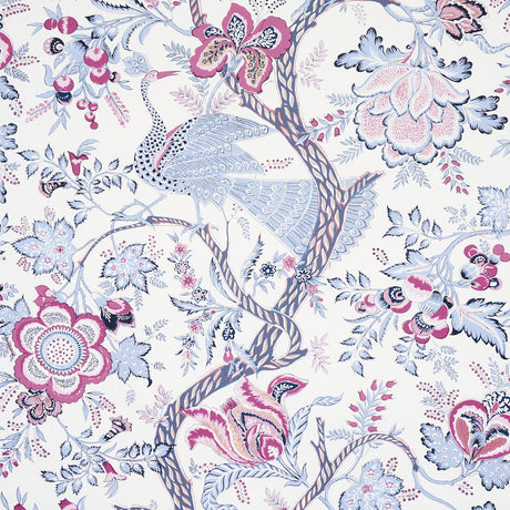 Aveline wallpaper in lilac by Schumacher featuring peacocks and flowering vines in a 19th-century Indian textile-inspired design.