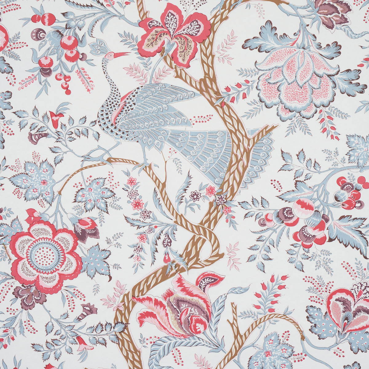 Aveline Rose wallpaper by Schumacher featuring regal peacocks and flowering vines in rose, blue, and brown on a white background.