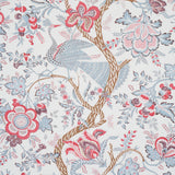 Aveline Rose wallpaper by Schumacher featuring regal peacocks and flowering vines in rose, blue, and brown on a white background.
