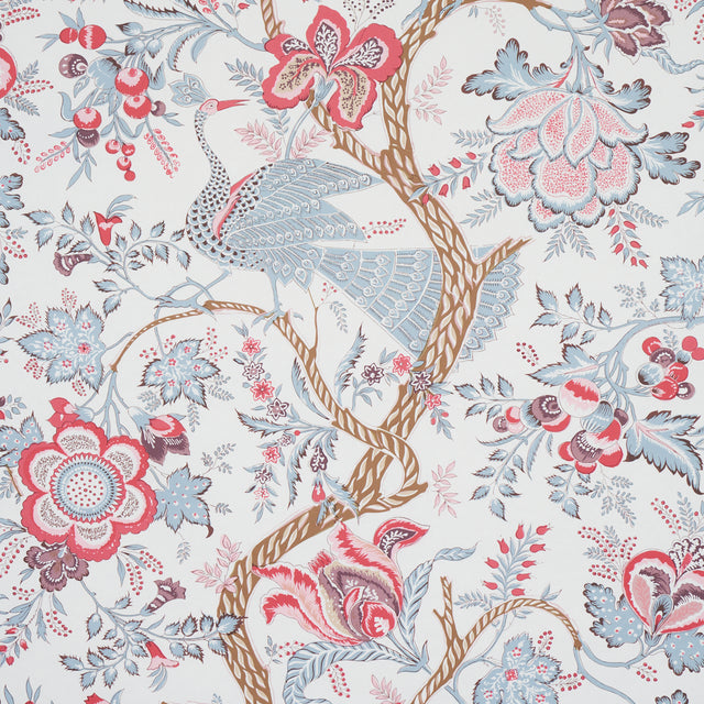 Aveline Rose wallpaper by Schumacher featuring regal peacocks and flowering vines in rose, blue, and brown on a white background.