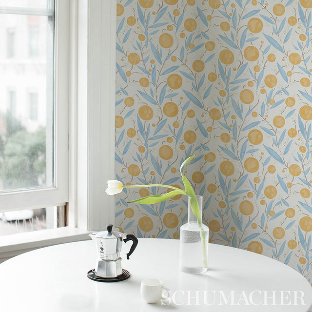Mirabelle Yellow & Sky by Schumacher Painterly Floral Wallpaper – Schumacher 5013200