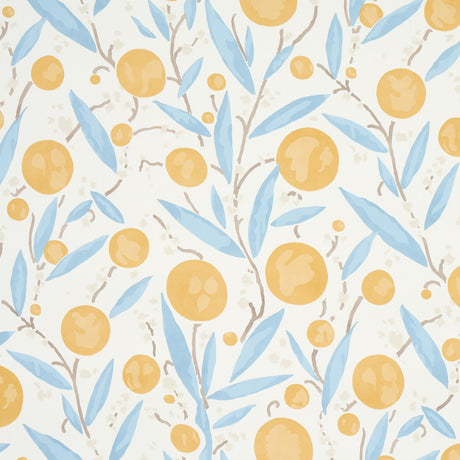 Mirabelle wallpaper in yellow and sky by Schumacher, featuring cheerful lollipop flowers and stylized leaves in a painterly 1920s-inspired design.