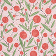 Mirabelle cherry and blush wallpaper with painterly lollipop flowers and stylized leaves on a pink background.