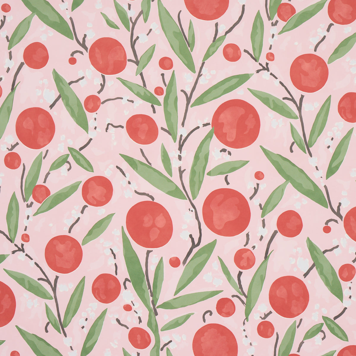 Mirabelle cherry and blush wallpaper with painterly lollipop flowers and stylized leaves on a pink background.
