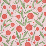 Mirabelle cherry and blush wallpaper with painterly lollipop flowers and stylized leaves on a pink background.