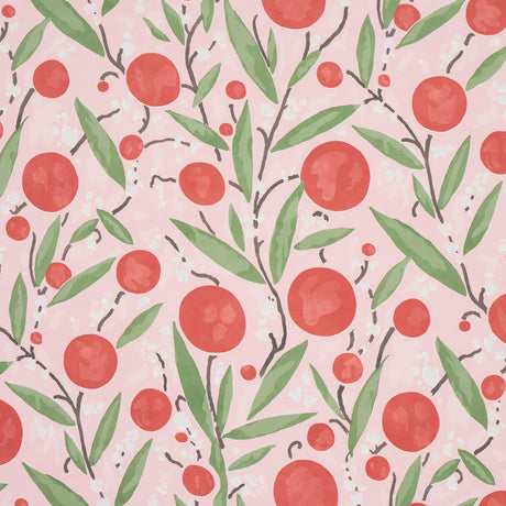 Mirabelle cherry and blush wallpaper with painterly lollipop flowers and stylized leaves on a pink background.