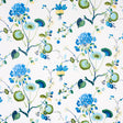 Vasily green and blue floral abstract wallpaper by Schumacher shown in a bedroom setting and close-up details.