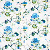 Vasily green and blue floral abstract wallpaper by Schumacher shown in a bedroom setting and close-up details.