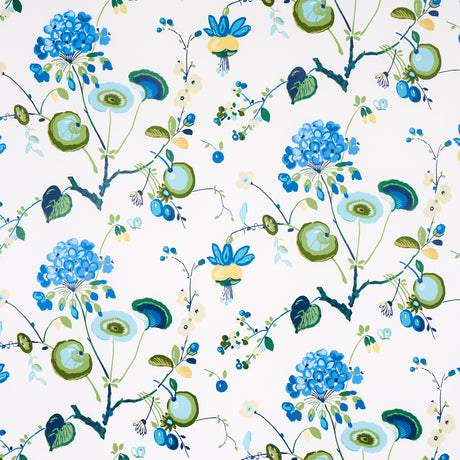 Vasily green and blue floral abstract wallpaper by Schumacher shown in a bedroom setting and close-up details.