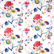 Vasily wallpaper in multi by Schumacher, featuring an abstracted 1930s floral and fruit pattern in vibrant colors on a white background.