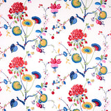 Vasily wallpaper in multi by Schumacher, featuring an abstracted 1930s floral and fruit pattern in vibrant colors on a white background.