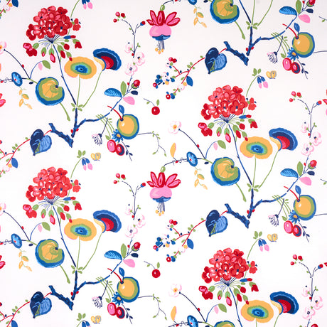 Vasily wallpaper in multi by Schumacher, featuring an abstracted 1930s floral and fruit pattern in vibrant colors on a white background.