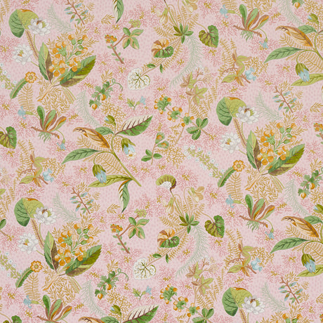 Blackwell Blush botanical wallpaper with detailed floral and foliage design on a pink background by Schumacher.