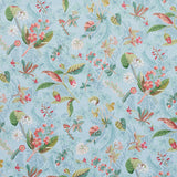 Blackwell Sky wallpaper by Schumacher featuring detailed botanical forms, seaweed, coral, ferns, and foliage on a blue background.