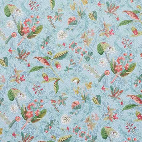 Blackwell Sky wallpaper by Schumacher featuring detailed botanical forms, seaweed, coral, ferns, and foliage on a blue background.