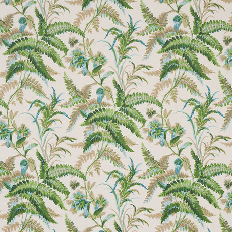 Myers Fern Lagoon wallpaper with lush green ferns and blue flowers on a cream background