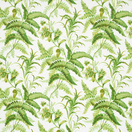 Myers Fern wallpaper in Tropical by Schumacher features a lush green fern and floral botanical pattern on a white background.
