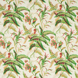 Myers Fern wallpaper in Document colorway by Schumacher, featuring lush green ferns and pink flowers on a cream background.