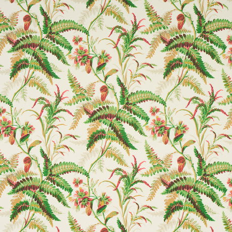 Myers Fern wallpaper in Document colorway by Schumacher, featuring lush green ferns and pink flowers on a cream background.