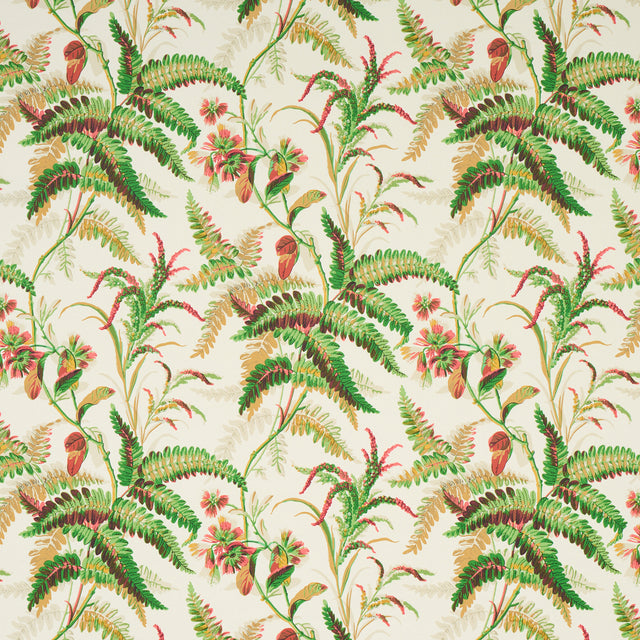 Myers Fern wallpaper in Document colorway by Schumacher, featuring lush green ferns and pink flowers on a cream background.