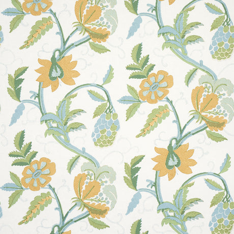 INDALI wallpaper in citron and mineral by Schumacher, featuring a 1920s-inspired floral vine pattern with embroidery-like linework.