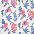Indali Rose & Indigo wallpaper by Schumacher featuring a 1920s-inspired block-printed floral vine pattern in pink, blue, and indigo tones.