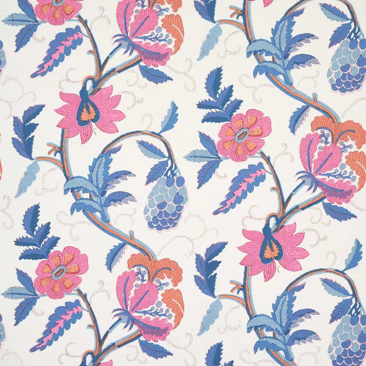 Indali Rose & Indigo wallpaper by Schumacher featuring a 1920s-inspired block-printed floral vine pattern in pink, blue, and indigo tones.