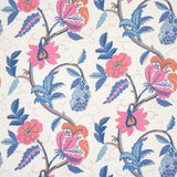 Indali Rose & Indigo wallpaper by Schumacher featuring a 1920s-inspired block-printed floral vine pattern in pink, blue, and indigo tones.
